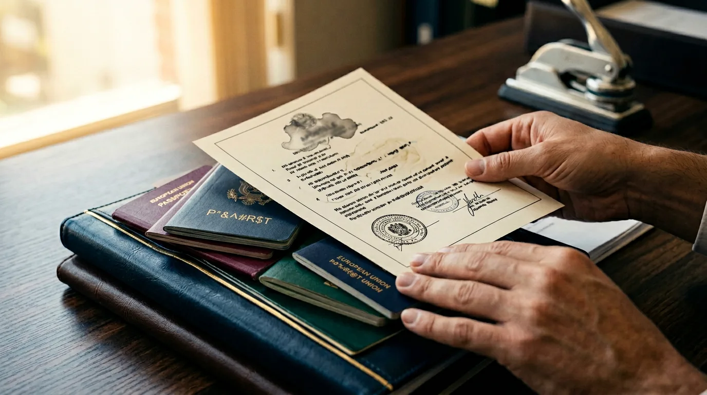 Document validation: stack of apostilled documents being reviewed